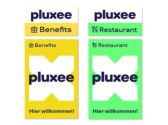 Pluxee Akzeptanzsticker für Benefits Card in gelb und Restaurant Gutschein in grün. 